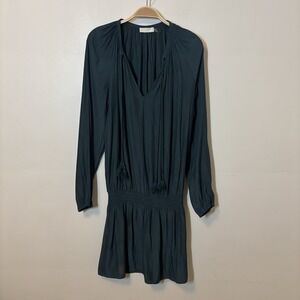 Ramy Brook Paris Blouson Mini Dress Blue Smocked Drop Waist S Satin FLAWED